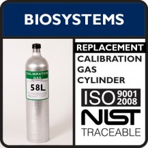 Biosystems 54-9046E Replacement - 25 PPM Hydrogen Sulfide, 50 PPM Carbon Monoxide, 1.25% CH4 (50% LEL Pentane Simulant), 18% Oxygen, Balance Nitrogen (58L)