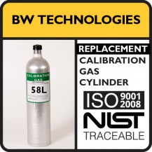 BW Technologies Replacement - 25 PPM Hydrogen Sulfide, 100 PPM Carbon Monoxide, 50% LEL Methane, 18% Oxygen, Balance Nitrogen (58L)